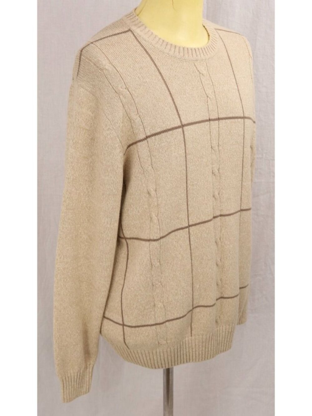 Eclectic Grandpa Dockers Sweater Men L Beige Cable Knit Pullover Brown Plaid VTG - Picture 6 of 12